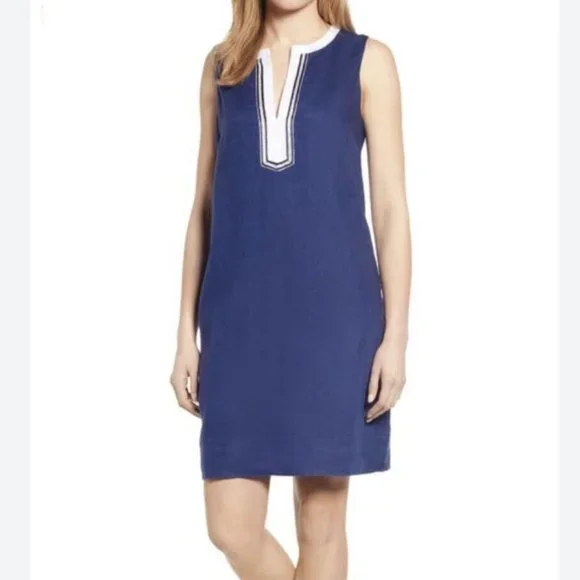 Tommy Bahama Womens Linen Sleeveless Shift Dress Blue L